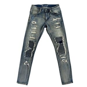 Crysp Denim Men's Distressed Ripped Patch‎ Jeans Sz 28 Blue 28x31 Moto Fit Biker